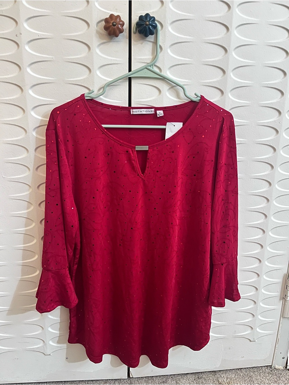 Notations Red Sequin Embroidered Bell Sleeve Blouse XL NWT